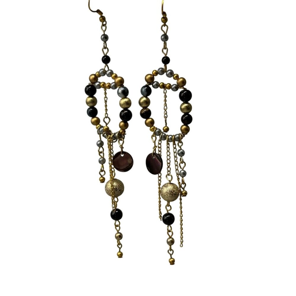 Handmade Beaded Drop Earrings With Gold Silver & Black Beads And Dangle Chains -